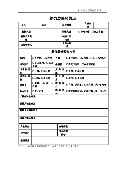 物业装饰装修验收表