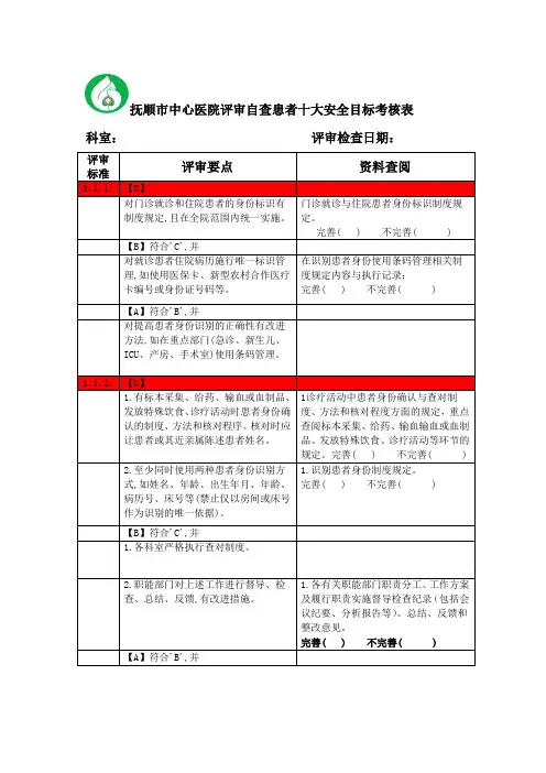 患者十大安全目标考核表