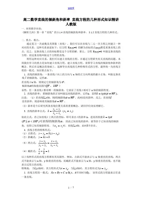 高二数学直线的倾斜角和斜率 直线方程的几种形式知识精讲 人教版