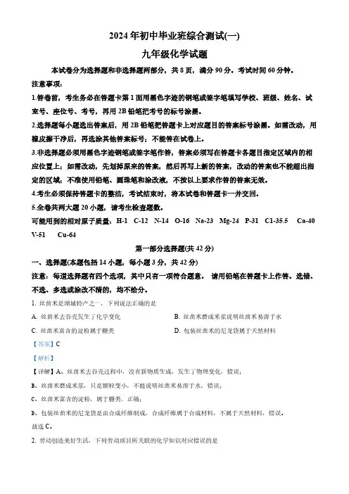 2024广东省广州市增城区中考一模化学试题含答案解析