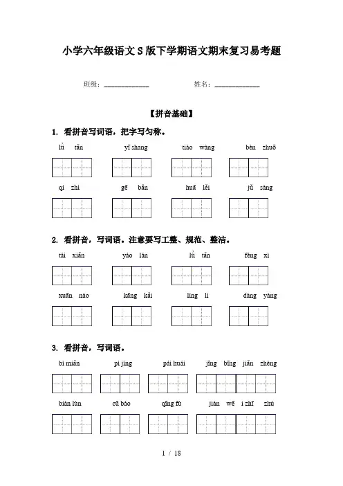 小学六年级语文S版下学期语文期末复习易考题