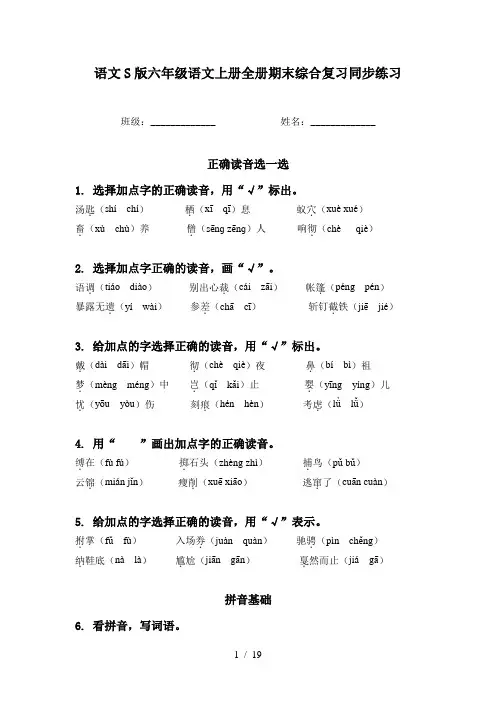 语文S版六年级语文上册全册期末综合复习同步练习