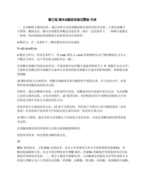 酶工程期末试题及答案完整版天津