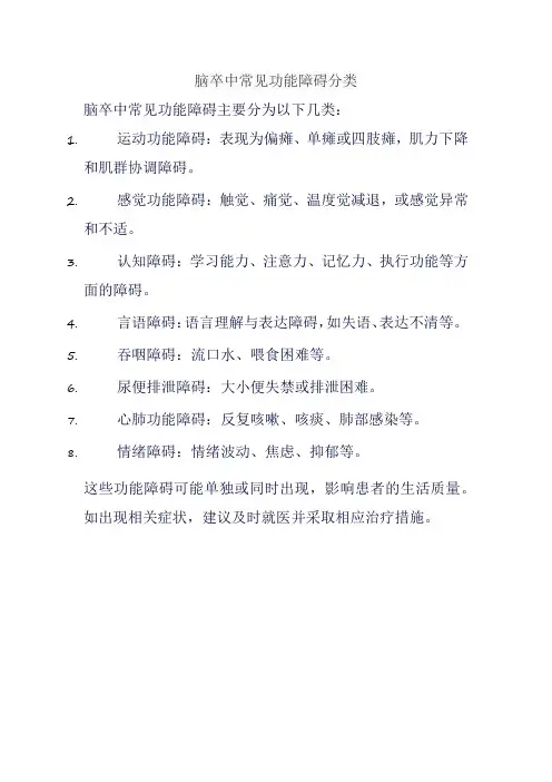 脑卒中常见功能障碍分类