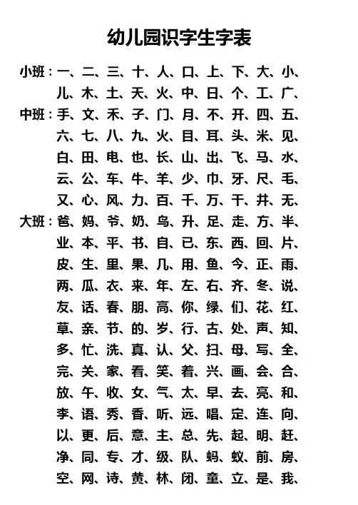幼儿园识字表