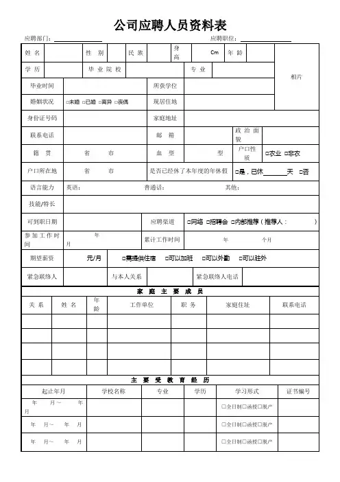 公司应聘人员资料表