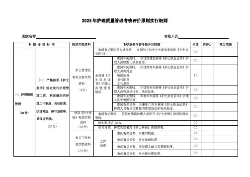 护理质量管理考核评价标准实施细则
