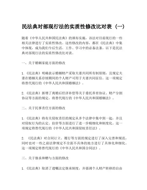 民法典对部现行法的实质性修改比对表 (一)