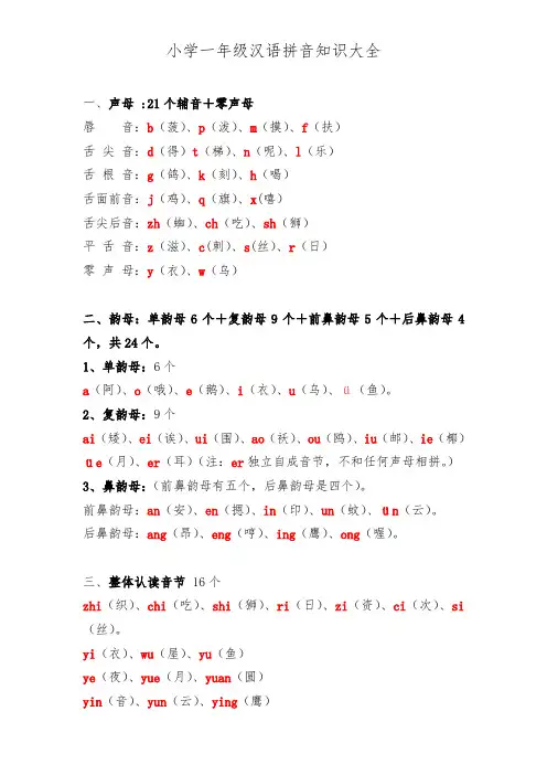 一年级汉语拼音知识大全