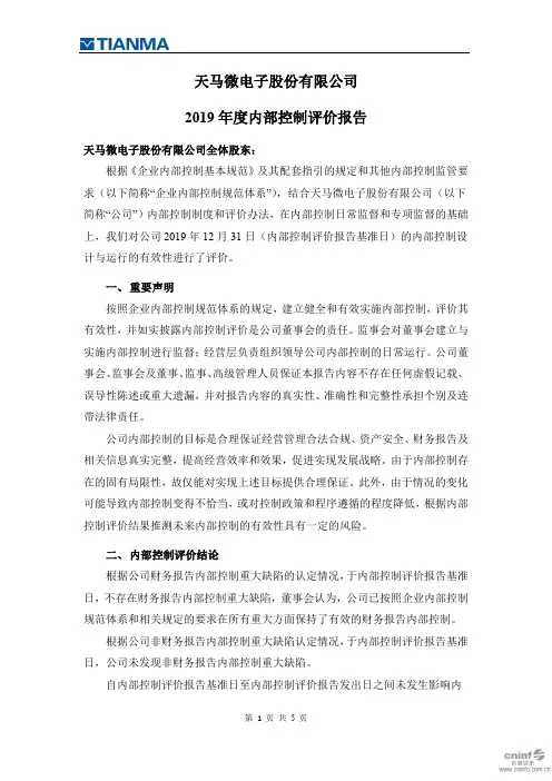 深天马A：2019年度内部控制评价报告