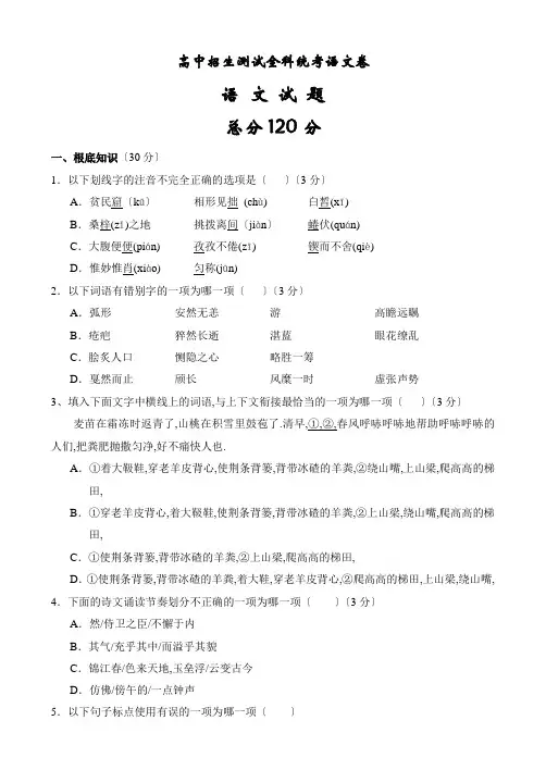 高中招生考试全科统考语文卷