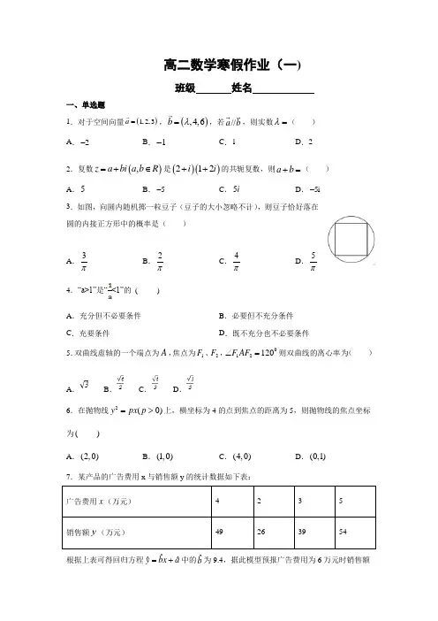 高中数学寒假作业及详细解答