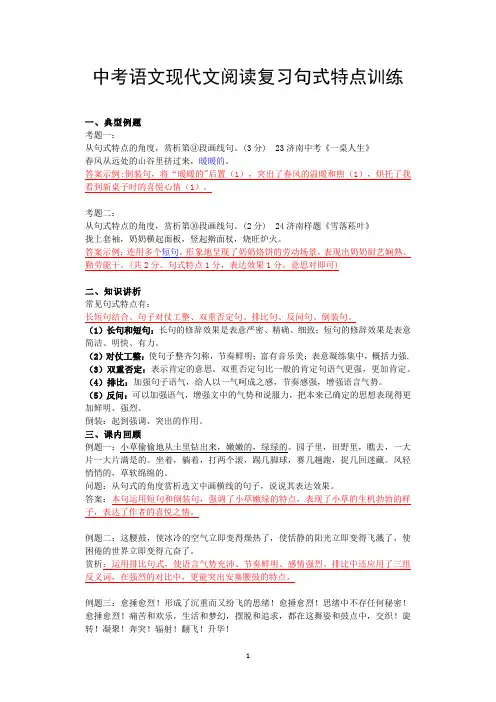中考语文现代文阅读复习句式特点训练