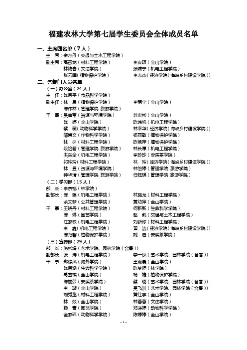 福建农林大学第七届学生委员会全体成员名单