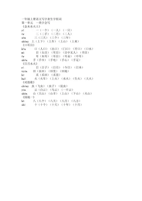一年级第一单元生字组词