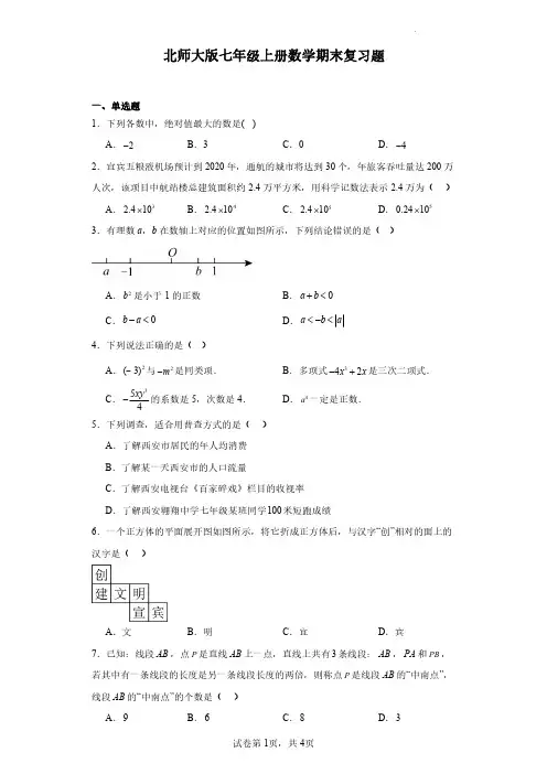 2023—2024学年北师大版数学七年级上册期末复习题含参考答案