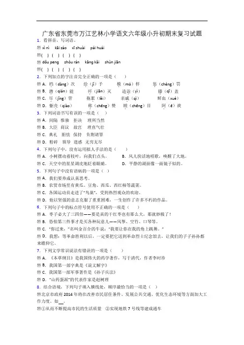 广东省东莞市万江艺林小学语文六年级小升初期末复习试题