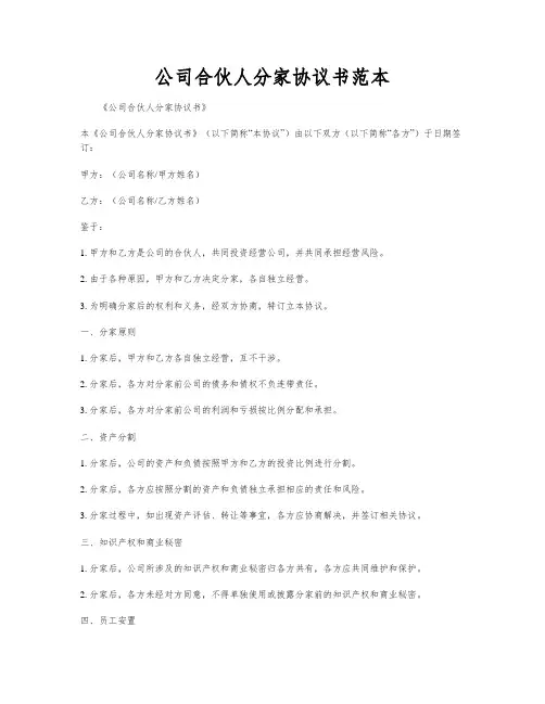 公司合伙人分家协议书范本