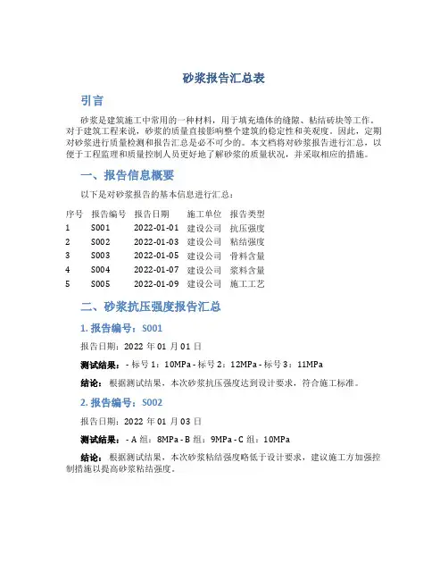 砂浆报告汇总表