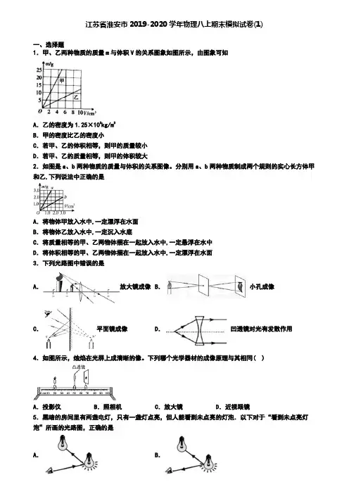 江苏省淮安市2019-2020学年物理八上期末模拟试卷(1)