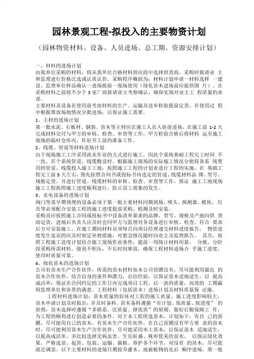 园林工程、景观工程投入主要物资计划