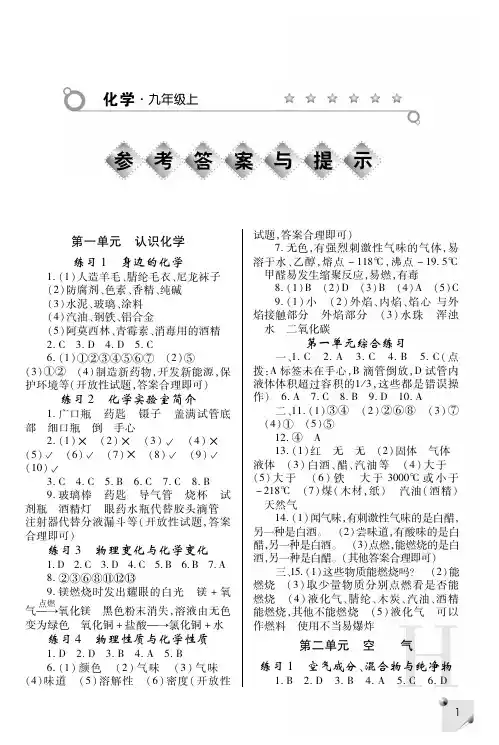 九上化学练习册答案
