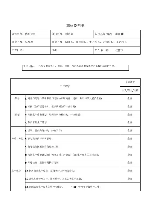 制造部部长职位说明书