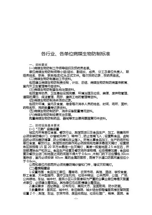 各行业、各单位病媒生物防制标准