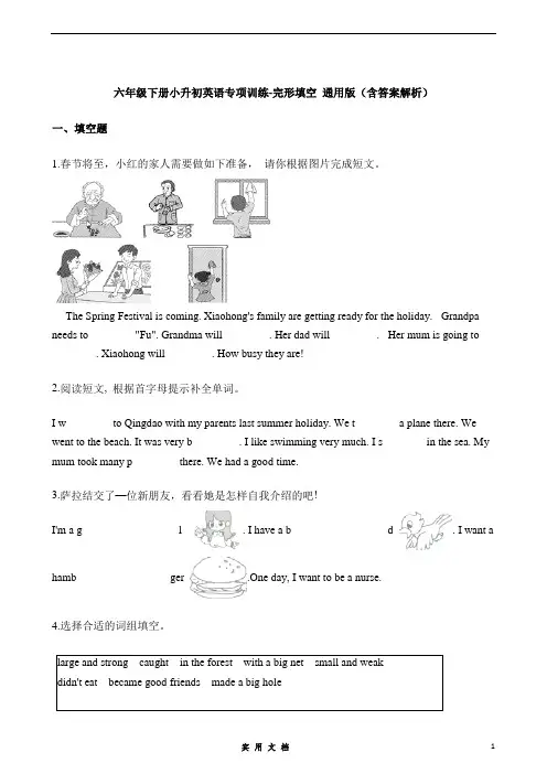 六年级下册英语试题-小升初专项训练之完形填空 (含答案解析)  通用版
