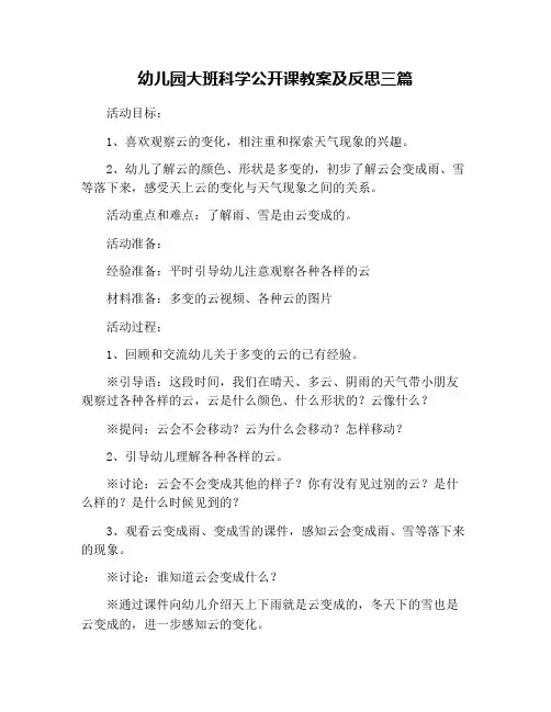 幼儿园大班科学公开课教案及反思三篇