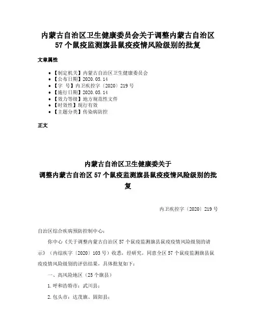内蒙古自治区卫生健康委员会关于调整内蒙古自治区57个鼠疫监测旗县鼠疫疫情风险级别的批复
