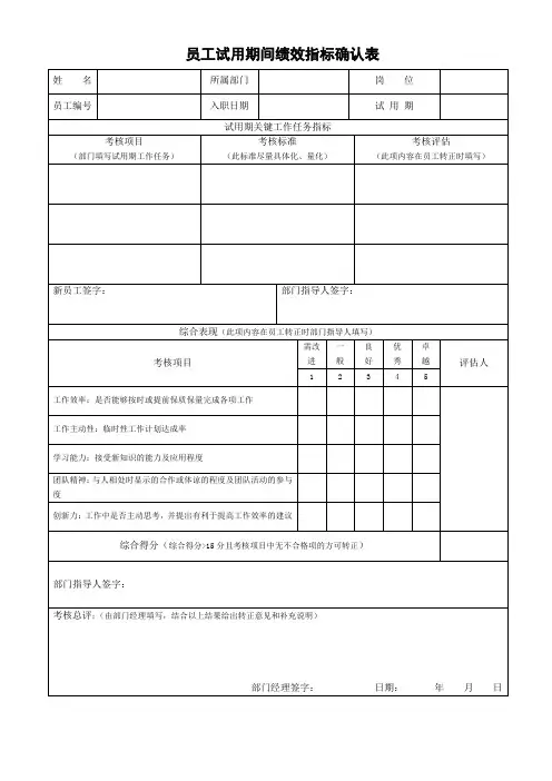 员工试用期间绩效指标确认表
