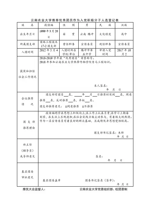 推荐优秀团员作为入党积极分子人选登记表(2)
