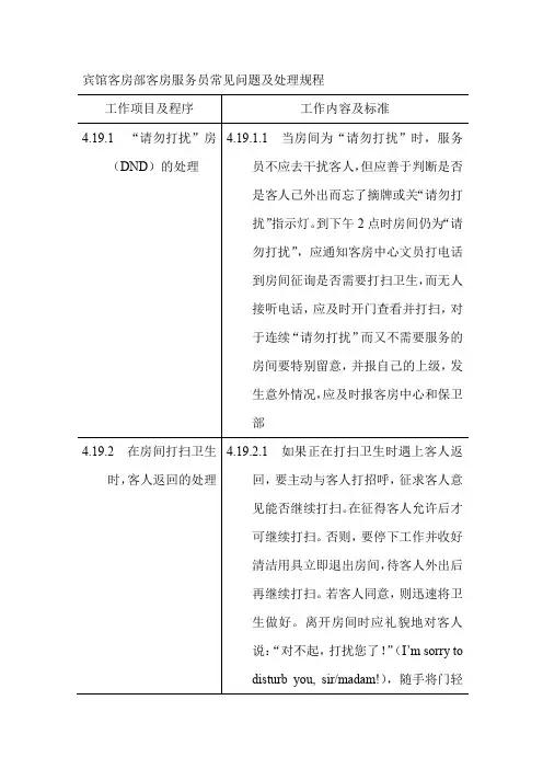 宾馆客房部客房服务员常见问题及处理规程