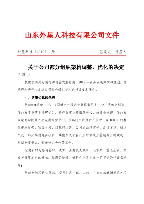 1号红头文件关于公司组织架构调整(1)