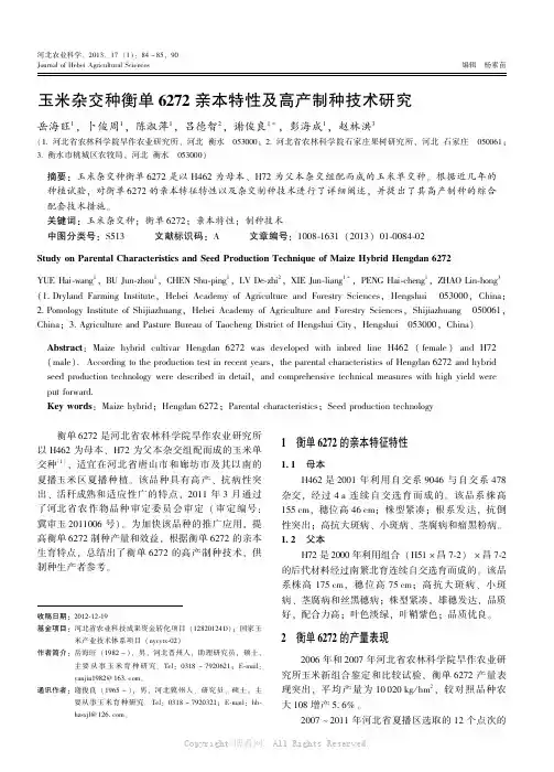 玉米杂交种衡单6272亲本特性及高产制种技术研究