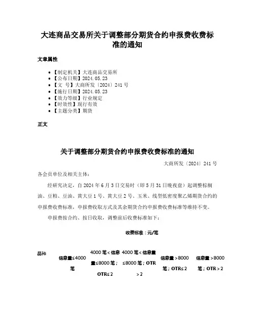 大连商品交易所关于调整部分期货合约申报费收费标准的通知