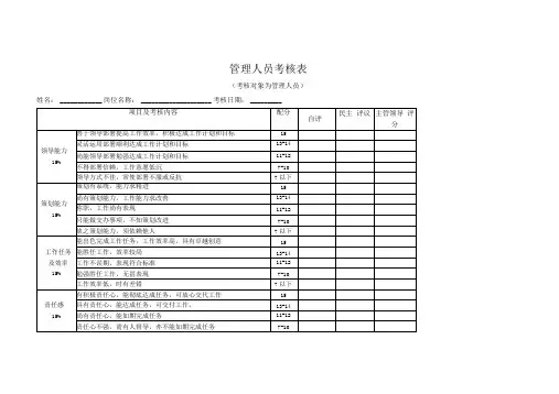 中层管理人员考核表