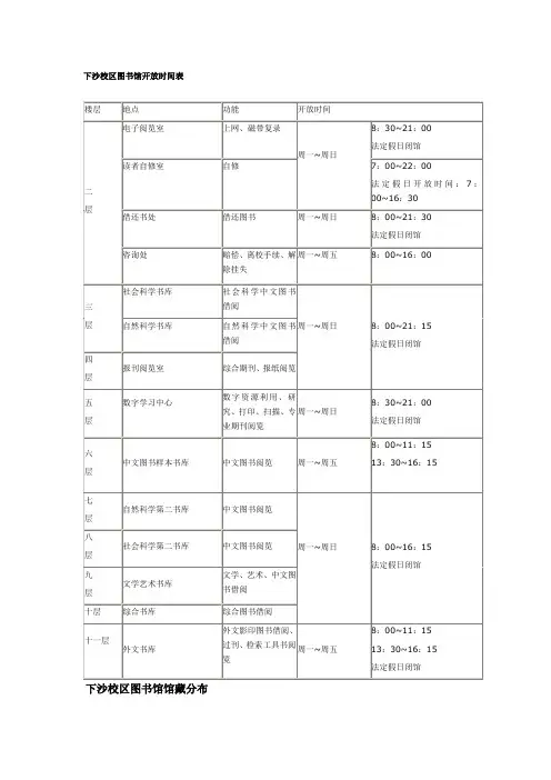 下沙校区图书馆开放时间表