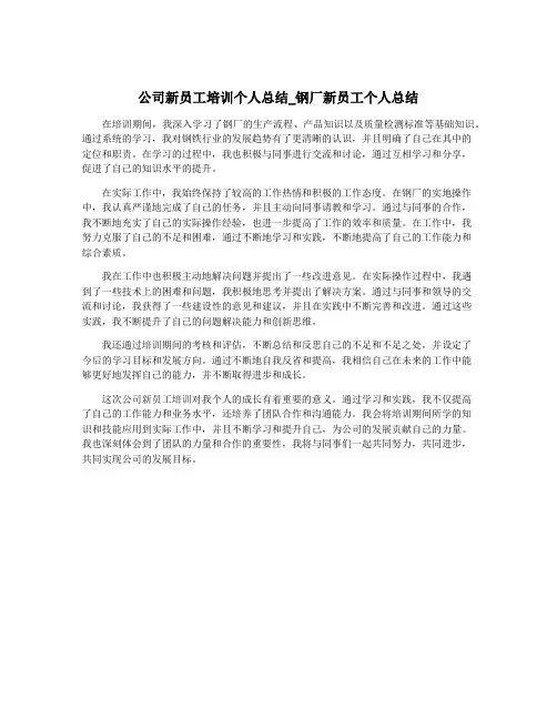 公司新员工培训个人总结_钢厂新员工个人总结