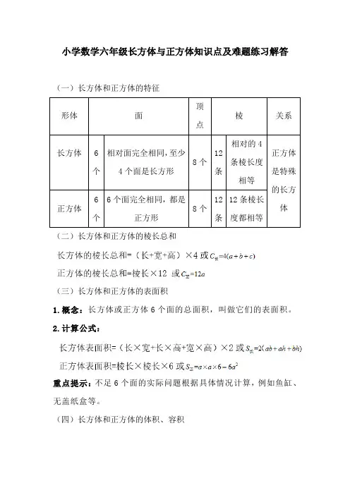 小学数学六年级奥数题长方体与正方体知识点习题训练解答
