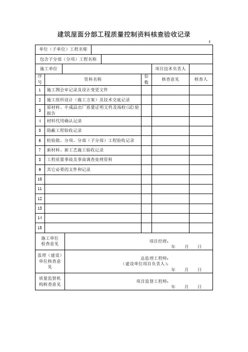 建筑屋面分部工程质量控制资料核查验收记录