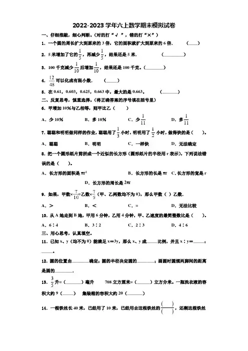 南宁市西乡塘区2022年六年级数学第一学期期末综合测试试题含解析