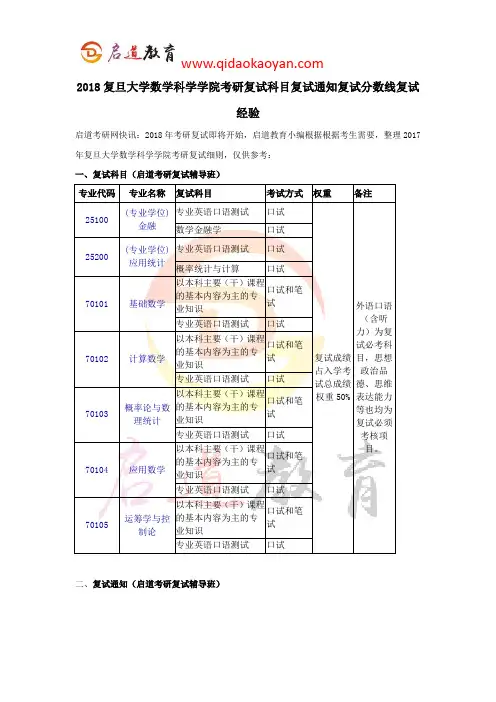 2018复旦大学数学科学学院考研复试科目复试通知复试分数线复试经验
