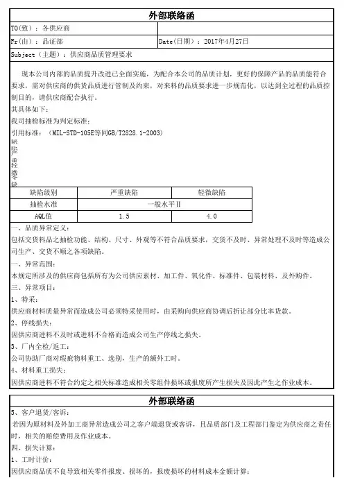 供应商品质联络函
