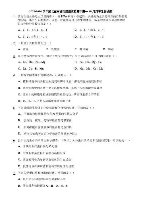2023-2024学年湖北省孝感市汉川实验高中高一10月月考生物试题