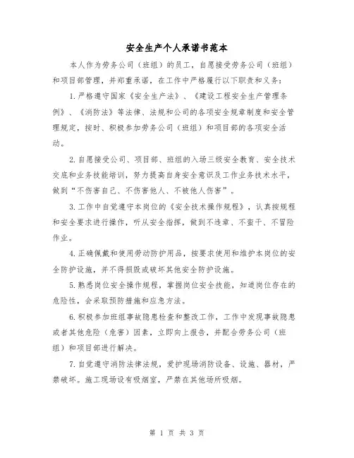 安全生产个人承诺书范本（2篇）