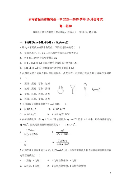 云南省保山市施甸县一中2024_2025学年高一化学上学期10月月考试题