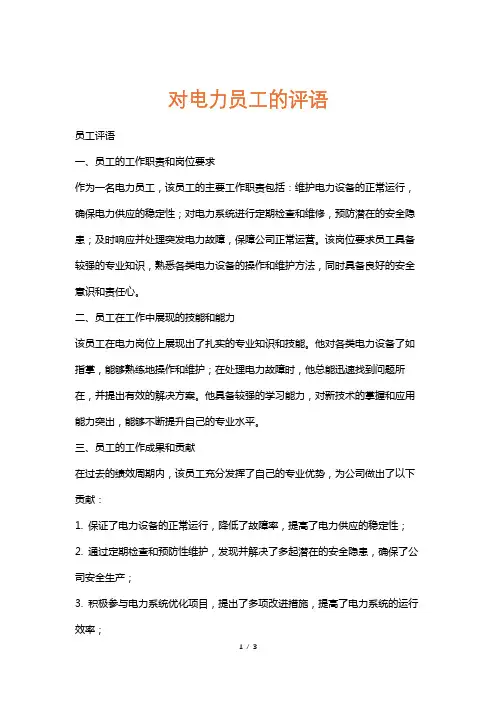 对电力员工的评语