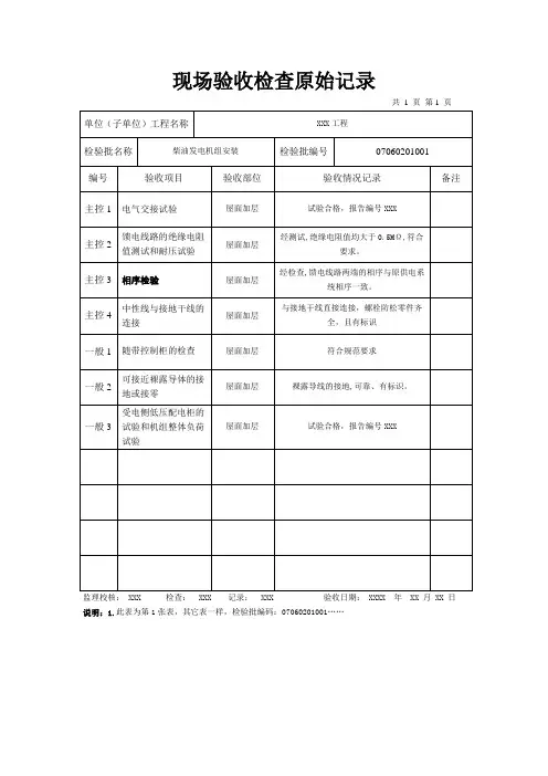 柴油发电机组安装检验批质量验收原始记录